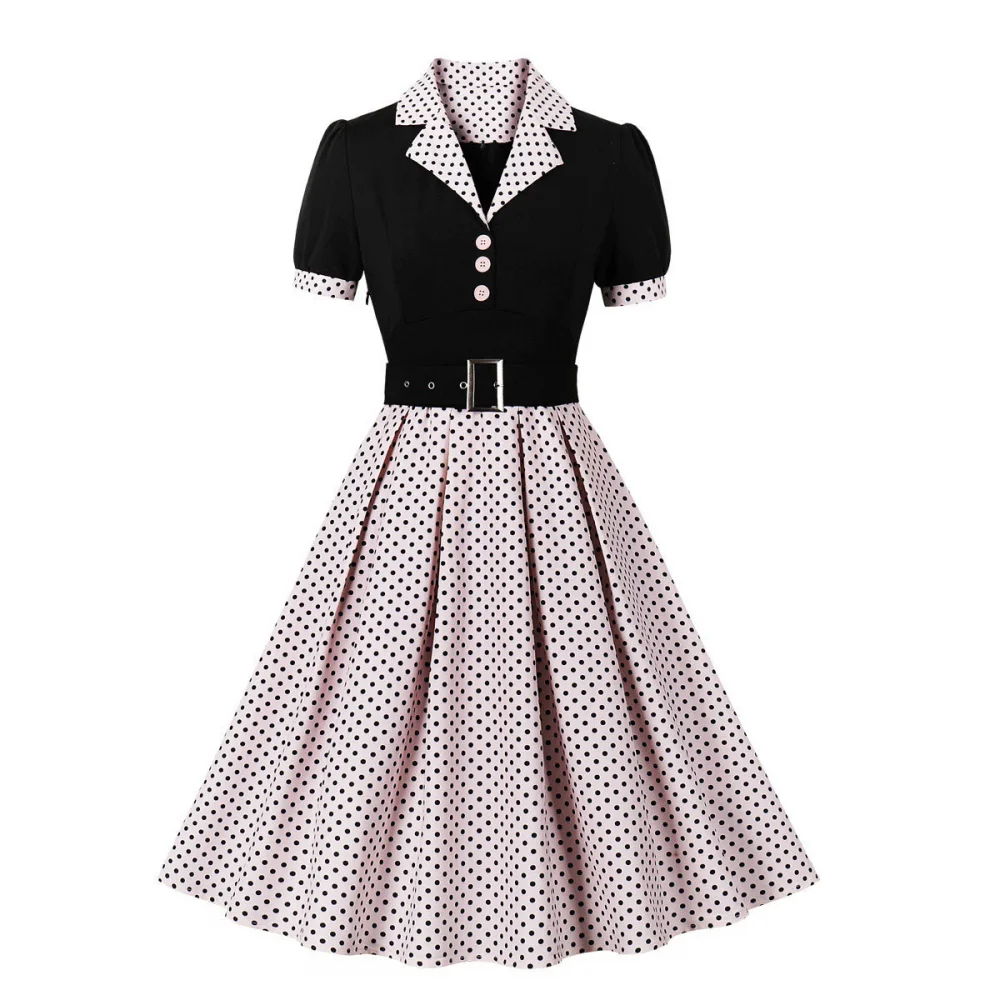 Women's 1950s Retro Dress Short Sleeve Notched Lapel Polka Dot Stripe Swing Dress with Belt Cocktail Dress