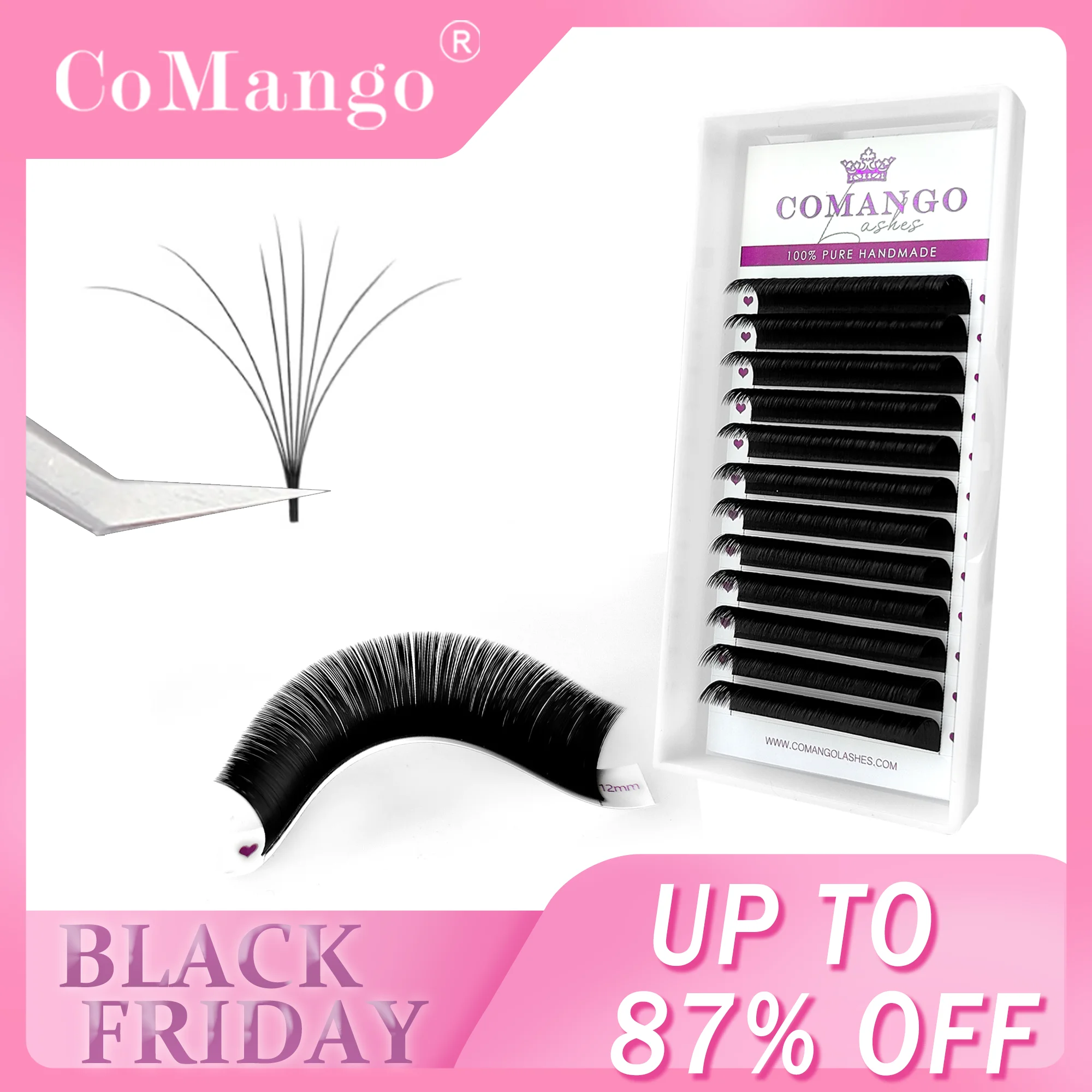 CoMango Matte Black Easy Fan Lashes 0.03-0.1 C/CC/D False Mink Eyelash Extension Super Soft Natural Russian Volume Auto Fans