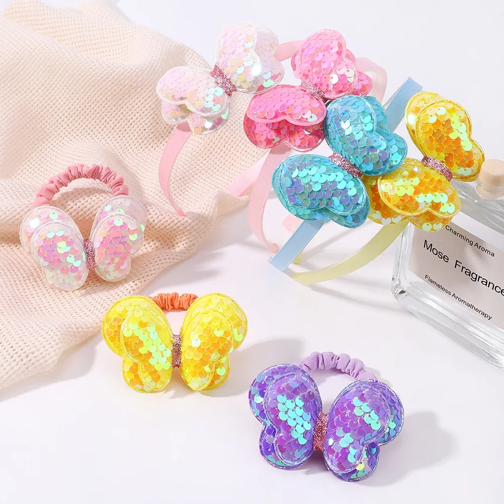 2Pcs Sequins Bows Hairbands Hair Ties Set Girls Shiny Butterfly Rubber Band Glitter Headband Kids Headwear Baby Hair Accessories