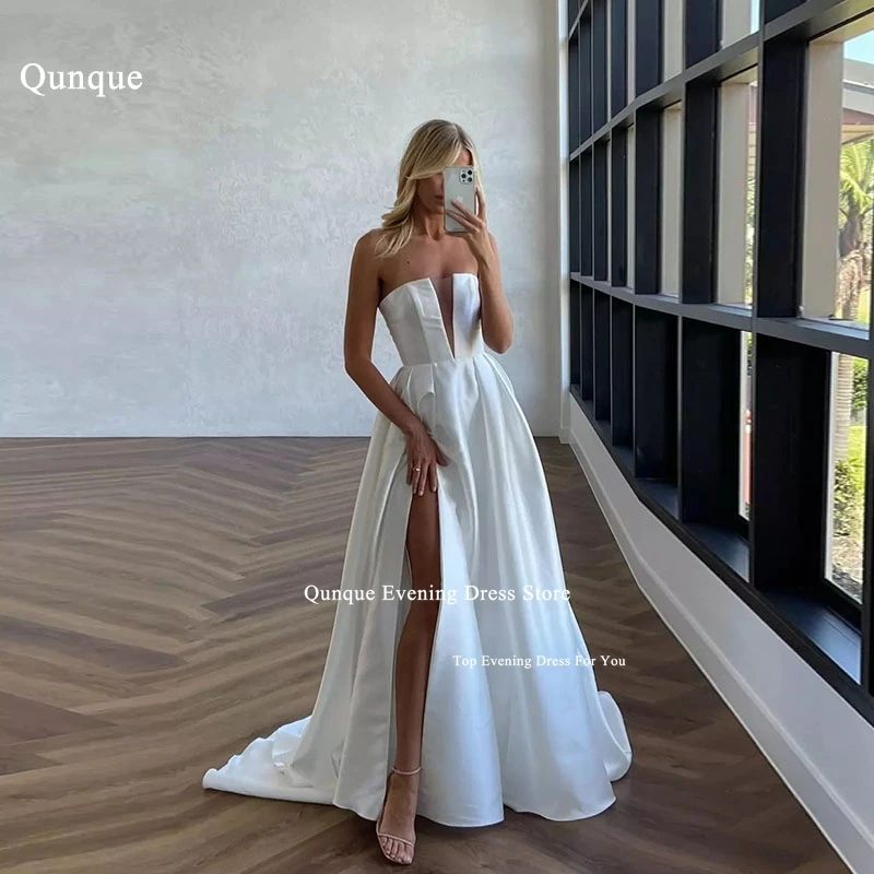 

Qunque Elegant Satin Women Wedding Dresses Sexy See Through Deep V-Neck Bridal Gowns Mopping Length Sexy Slit Vestidos De Novias