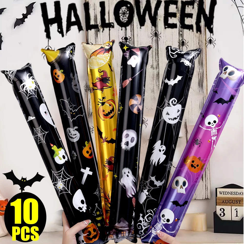 

10Pcs Halloween Decorative Balloon Inflatable Stick Toy Strip Black Skull Spider Ghost Aluminum Balloon Children Toy Party Decor