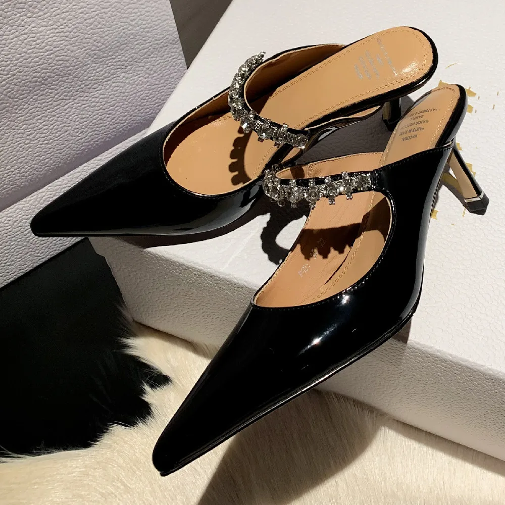 

Women's genuine leather 6cm thin high heel pointed toe slip-on summer mules elegant ladies crystal band mary jane pumps sandals