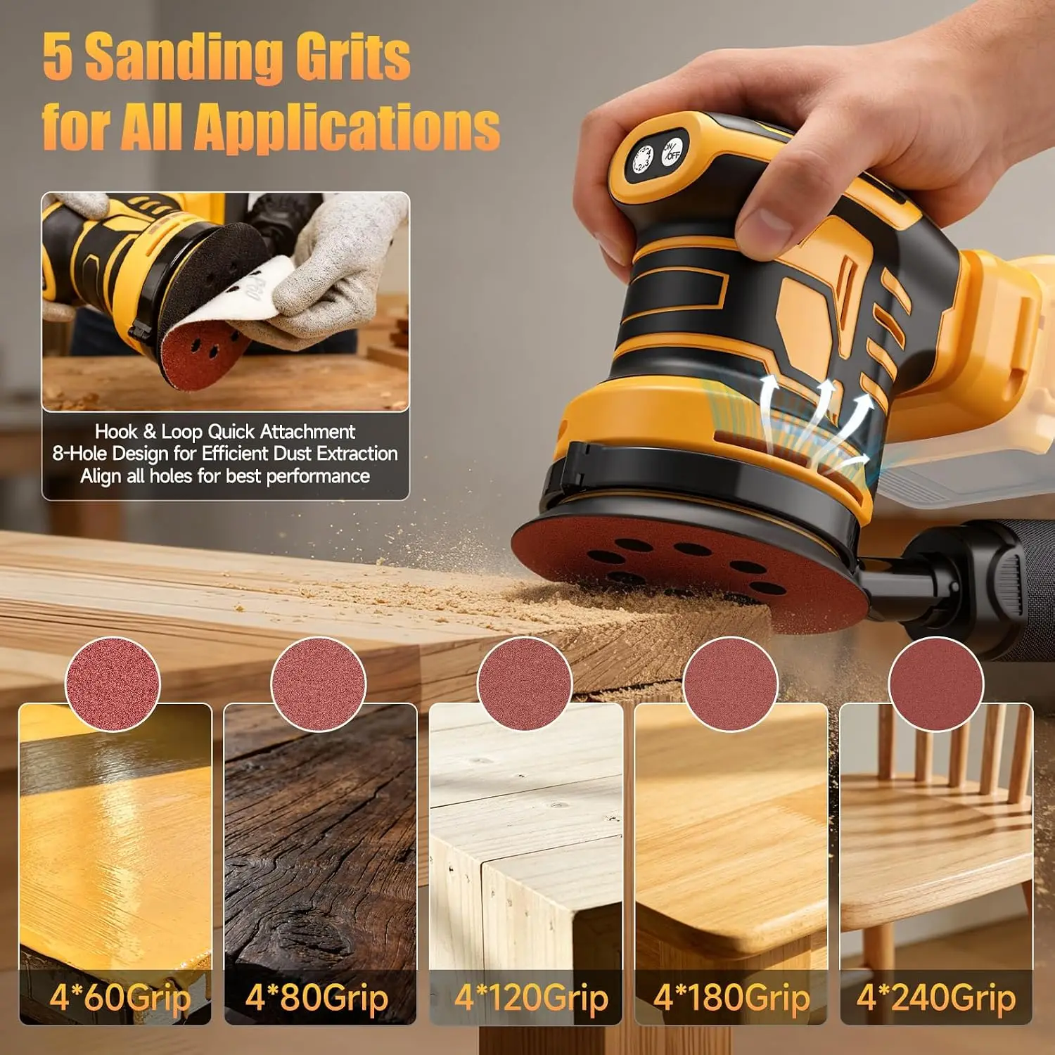 Cordless Brushless Orbital Sander 6 Variable Speeds 13500 RPM Dust Bag For DEWALT 20V Battery Wood Metal Furniture - view 4