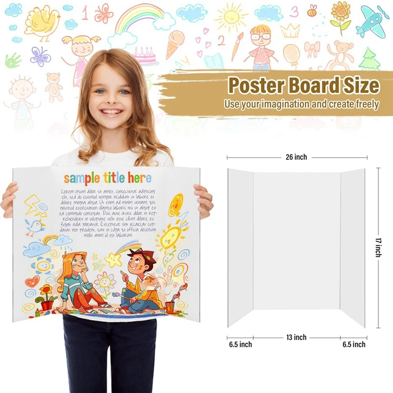 4 Pcs Trifold Poster Board, White Poster Board Comes With Sticky Accessories, Corrugate Presentation Boards