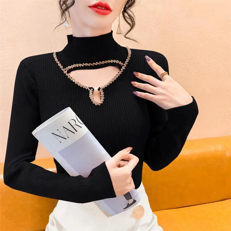 New Hollowed Out Nail Drill Knitted Base Sweater Semi High Neck Knitted Base Sweater Women\'s Inner Top