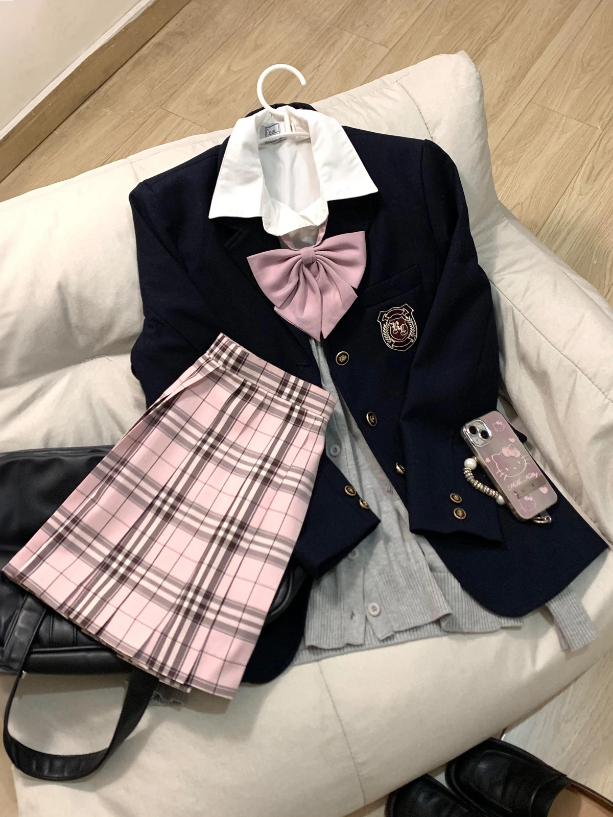 Uniforme Escolar Estilo Japonés MingMing JK, Suéter Cárdigan Abierto, Falda a Cuadros Gris y Rosa, Traje Escolar para Mujer