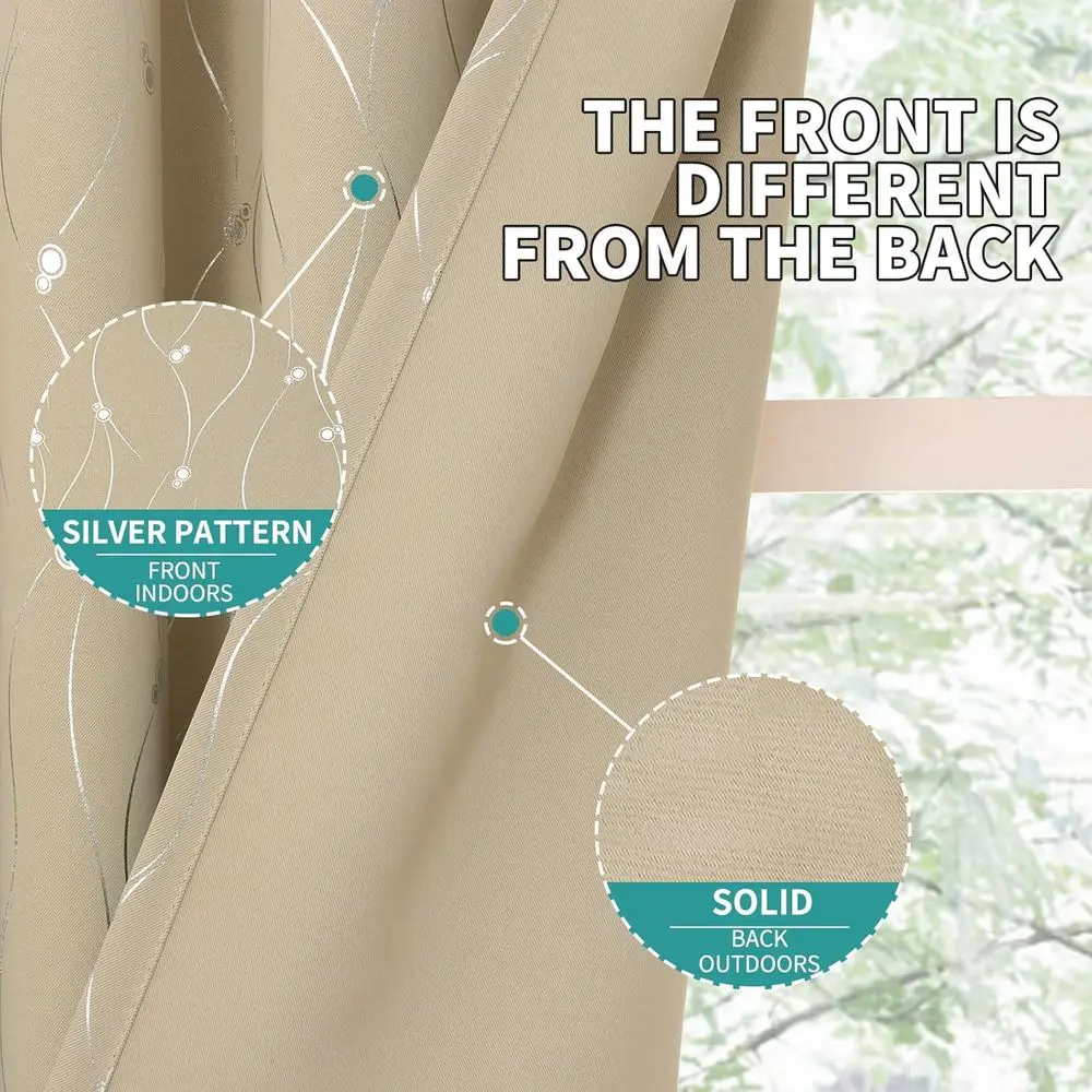 60 rideaux à œillets assortis pour pièce large, isolation thermique avec motif de lignes et de points, 2 panneaux beiges, 60x84