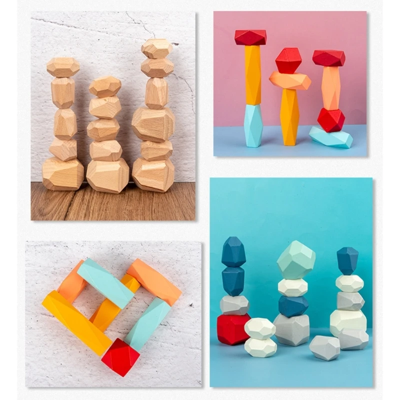 10Pcs/16Pcs Colorful Wooden Infant Stacking Polyhedrons Balancing Blocks Kids Early Educational Toy Baby Montessori Toddler Gift