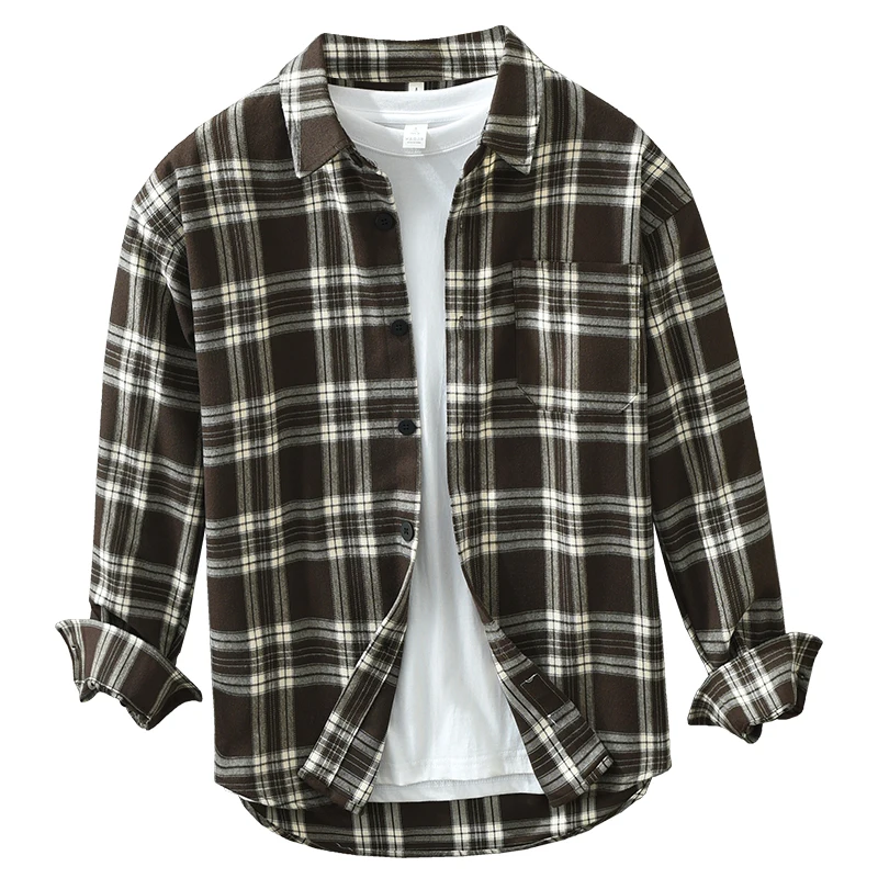 Men's Fashion Plaid Casual Dress Shirts Pocket Design Long Sleeve Loose Shirt for Men