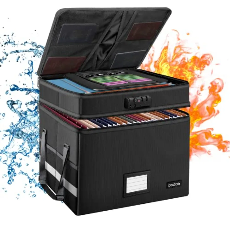 

File Box with LockMulti-Layer Fireproof Document Box Collapsible File Storage Organizer with Pockets/Handle Large Portable Home
