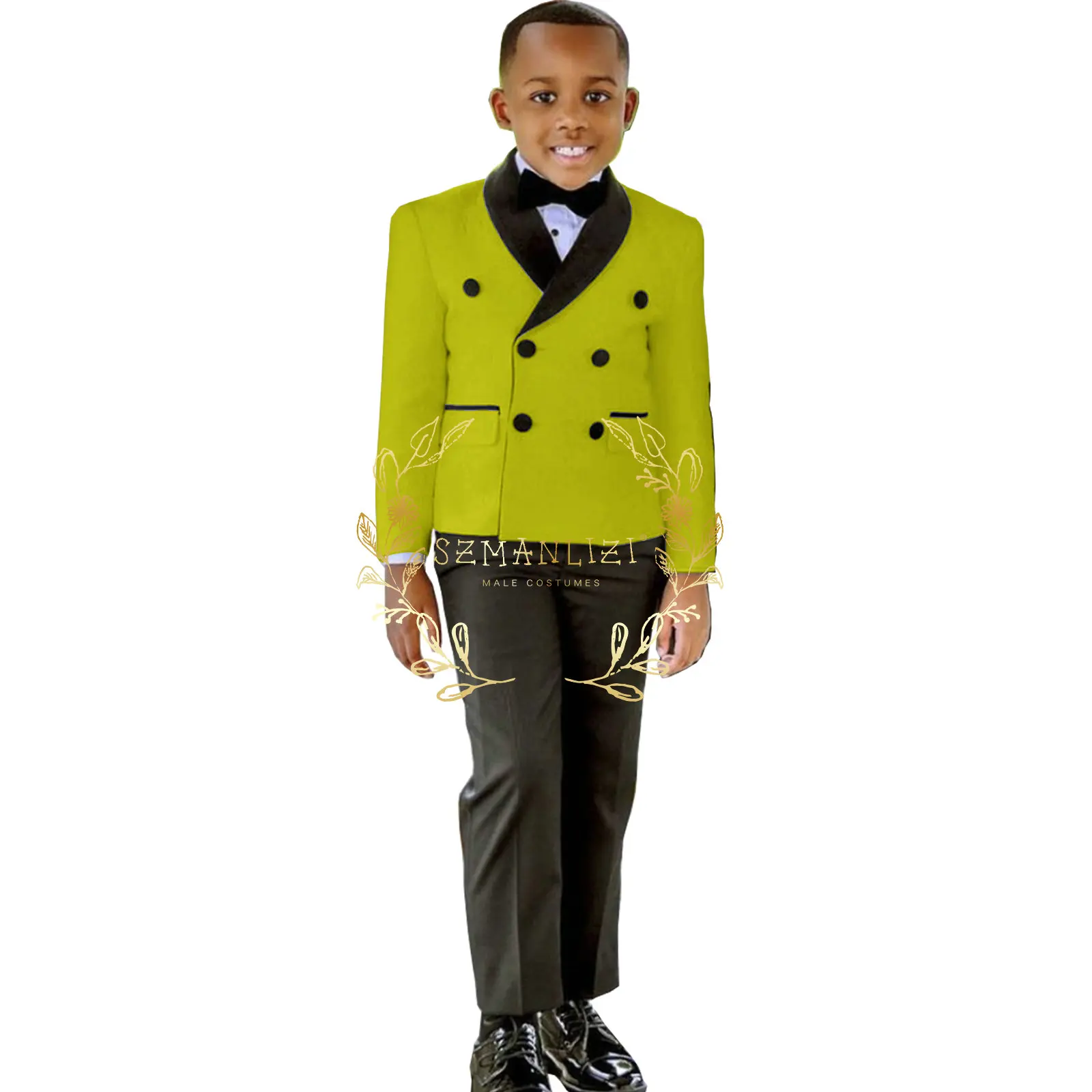 Boys Suit Wedding Tuxedo 2 Piece Double Breasted Suits Child Formal Blazer Set White Floral Jacket Black Pant Slim Fit Costume