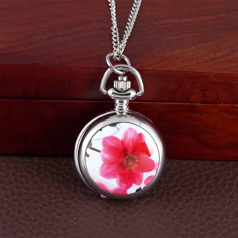 Silver little red flower pattern pocket watch ceramic patch pocket watch flip necklace pendant watch