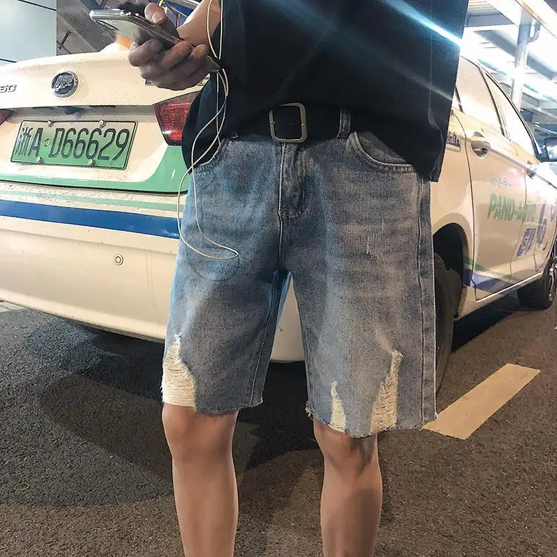 Mens Washed Distressed Patchwork Raw Hem Loose Straight Denim Knee Length Shorts