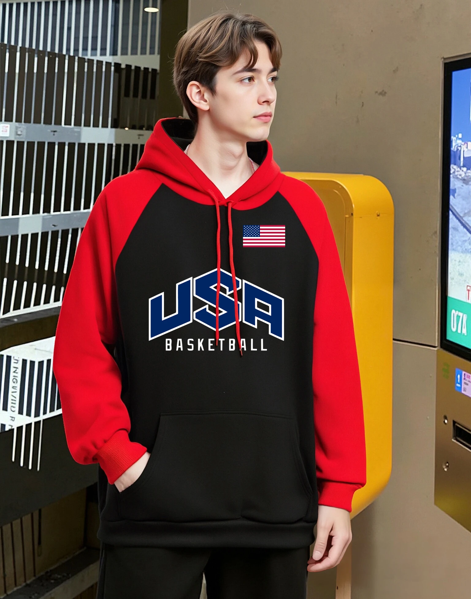 Usa Basketball Spiel Gedruckt Raglan Hoodie Für Mann Fleece Weiche Kleidung All-Match Trendy Langarm Herbst Mans Tasche Hoody