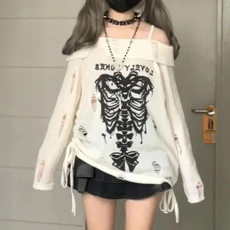 Women\'s Off Shoulder Skull Sweater Punk Long Sleeve Y2k skeleton Pullover Hollow Out Grunge Thin Knit Gothic Streetwear Autumn