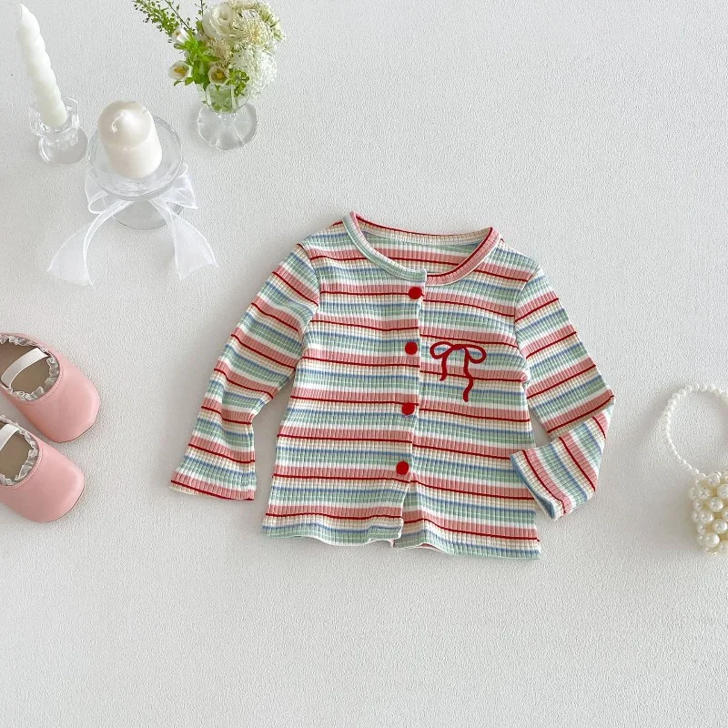 Bellbell 2026 Autumn Baby Girls Cardigan Loose Colorful Striped Kids Girls Sweater Coat Casual Bow Printed Infant Girls Knitwear