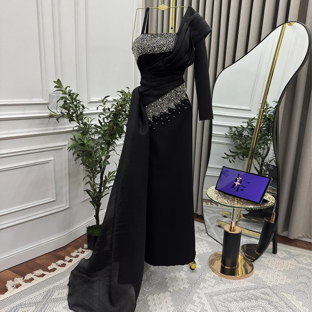 Robe de soirée trapèze personnalisée, longueur au sol, col carré, manches longues, robe de bal, paillettes plissées, dos nu, à la mode