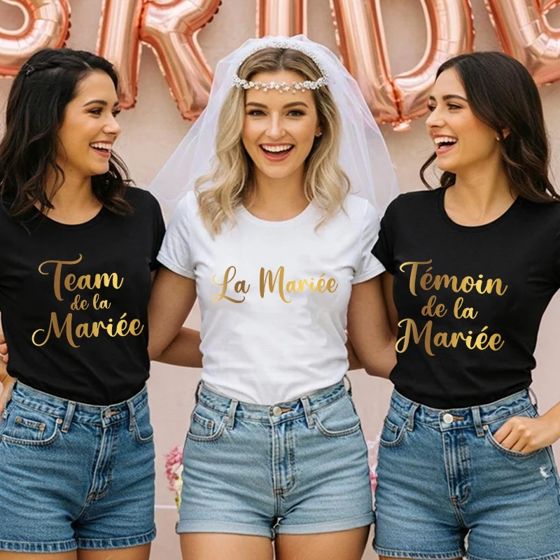 French Bachelorette EVJF Party T-Shirts Future Bride Team Gold Foil Print Blouses Short Sleeve Graphic Tees for Bridal Shower