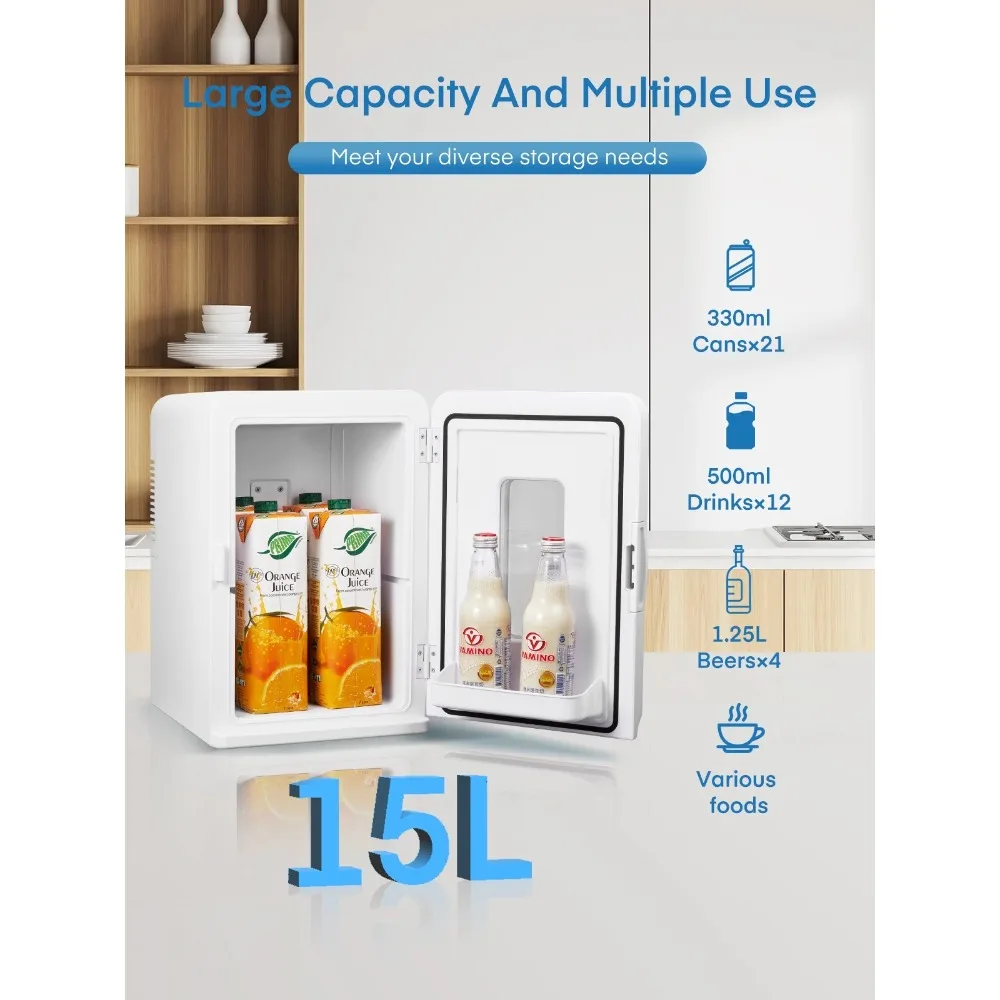 15L Mini Fridge for Bedroom, 15 Litre/21 Cans Refrigerator, Small Fridge for Office and Car, White