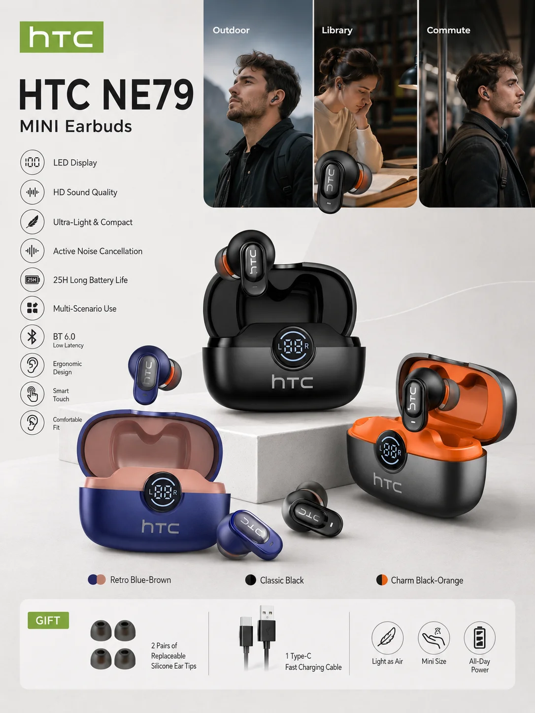 HTC NE79 TWS Kabellose Bluetooth-Ohrhörer: AI-Übersetzer-Ohrhörer, Geräuschunterdrückung, lange Akkulaufzeit, Premium-Audio-Kopfhörer