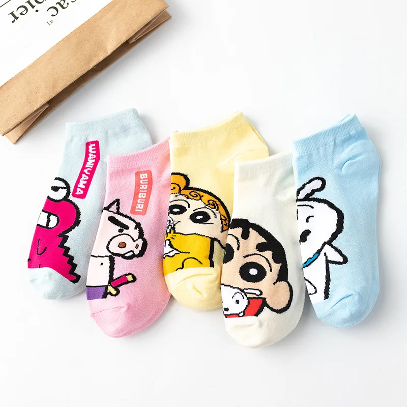 5Pcs for Crayon Shinchan Socks Spring and Summer Cartoon Cute Socks Women's and Men Short Socks Average Size 18-40 Years