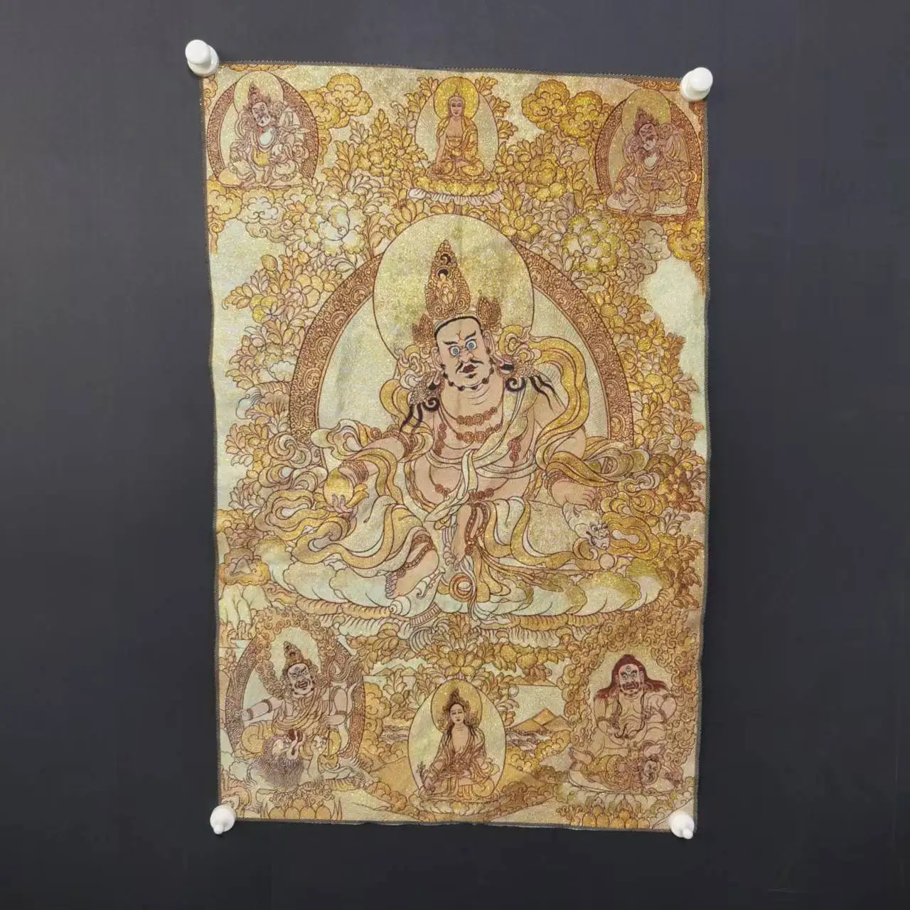 

35"Thangka Embroidery Tibetan Buddhism Silk Embroidery brocade Nepal Yellow Jambhala Sitting Buddha Thangka Hanging Panel