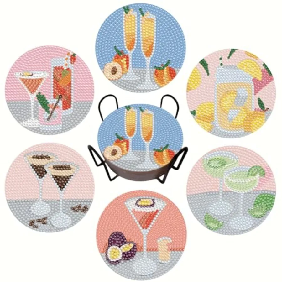 

6 Pcs Diamond Painting Coasters Kits with Holder, Diamond Art Coasters Set for Drinks Coffee Table, Gem Painting kit for Beginn