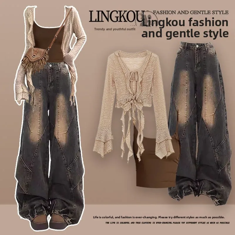 여성 여름 웨스턴 스타일 티셔츠 세트 (오픈 가디건 & 데님 와이드 레그 팬츠 롱 슬리브 V넥 패션 앙상블)