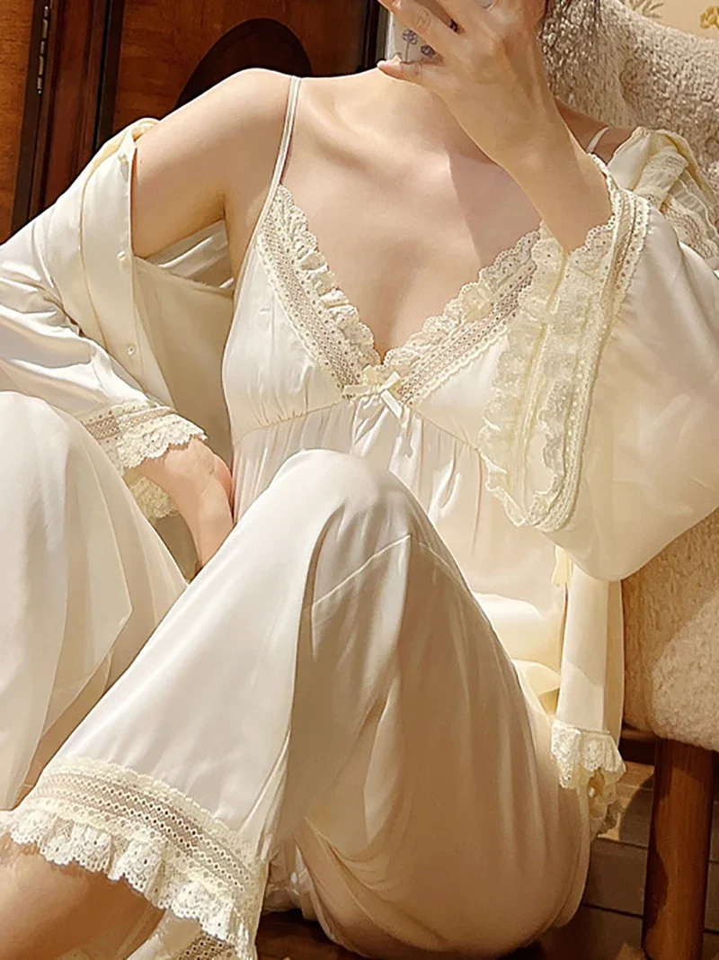 Women Spring Autumn Vintage Victorian Nightgowns Sweet Silk Lace Camisola Cardigan Pants Three Piece Suit Princess Loungewear