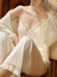 Women Spring Autumn Vintage Victorian Nightgowns Sweet Silk Lace Camisola Cardigan Pants Three Piece Suit Princess Loungewear