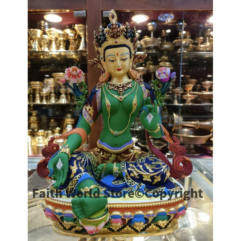 

31cm large Buddhism TOP grade color Painted copper Green Tara Bodhisattva Buddha HOME Temple Worship efficacious protection
