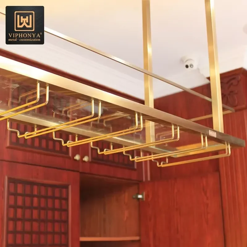 Custom Stainless Steel Wine Bottle Rack Gold Finish Sturdy Display Stand for Dining Room Beverage Storage Hanging Cup Holder
