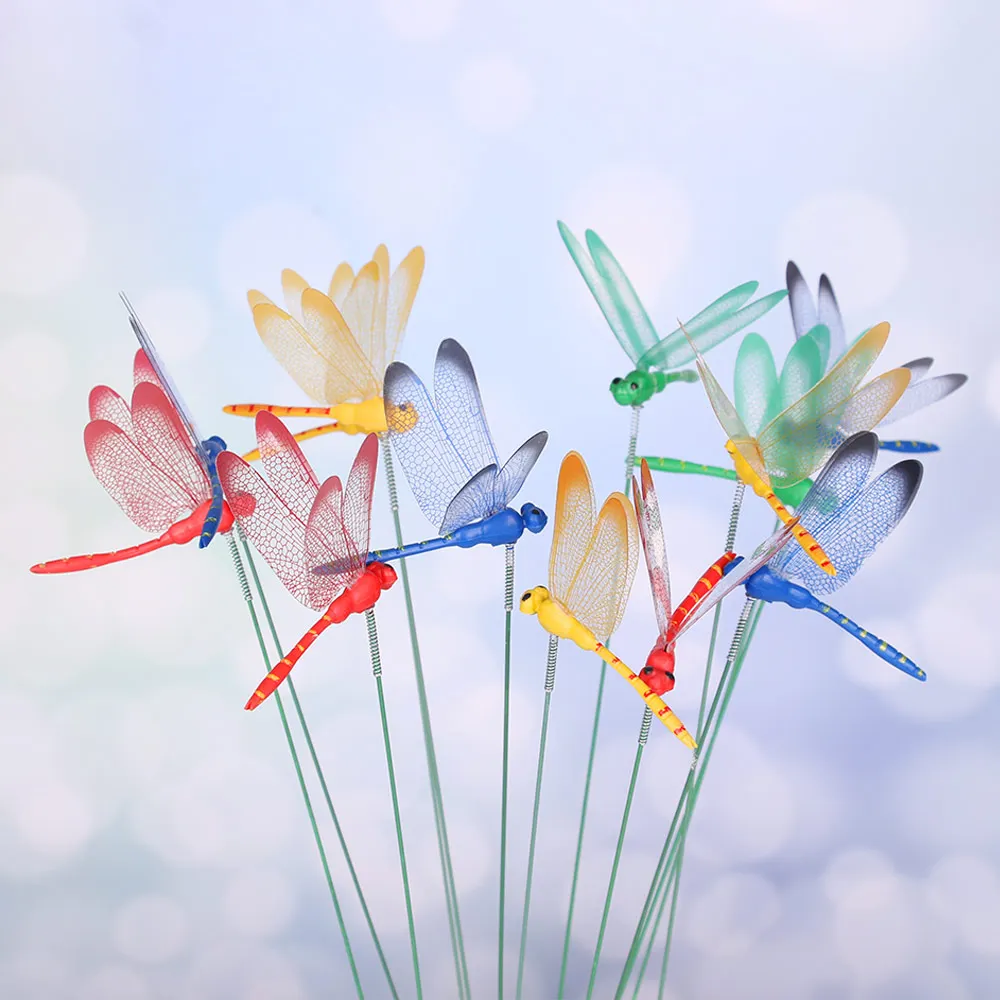 5Pcs 3D Simulation Butterfly Thin Stick Dragonfly With Stem Creative Handicraft Garden Yard Lawn Ornament Cake Decor