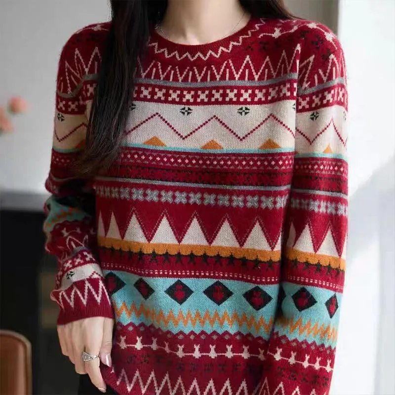 Women's Clothing Fashion All-match Thicken Knit Pullovers Autumn Winter Vintage Regular Fit O-neck Long Sleeve Sweaters Lady Top