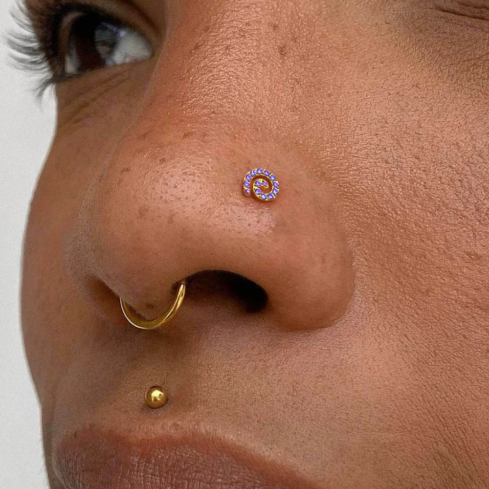 Casvort ASTM F136 Titanium Sparkly CZ Swirl Vortex Labret Flat Back Stud 20G-16G Threadless Conch Tragus Medusa Piercing Jewelry