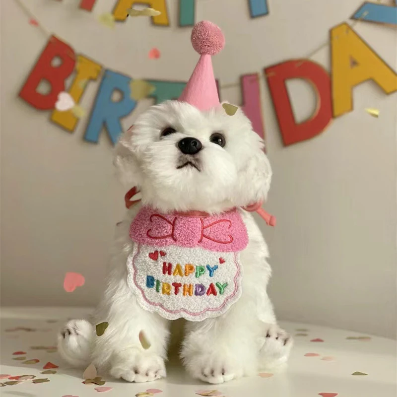 Conjunto de sombrero y Bandana de cumpleaños para perro Kawaii, sombrero de feliz cumpleaños para perro pequeño, babero para gato, accesorios de fiesta para decoración de traje de gato y cachorro