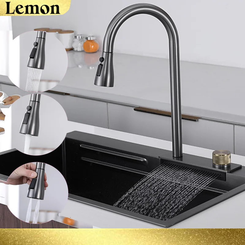 Waterfall Sink Pull Type Kitchen Faucet Hot Cold Mixer Vegetable Wash Tap Basin Multiple Water Outlets Rotation Flying Rain Tap