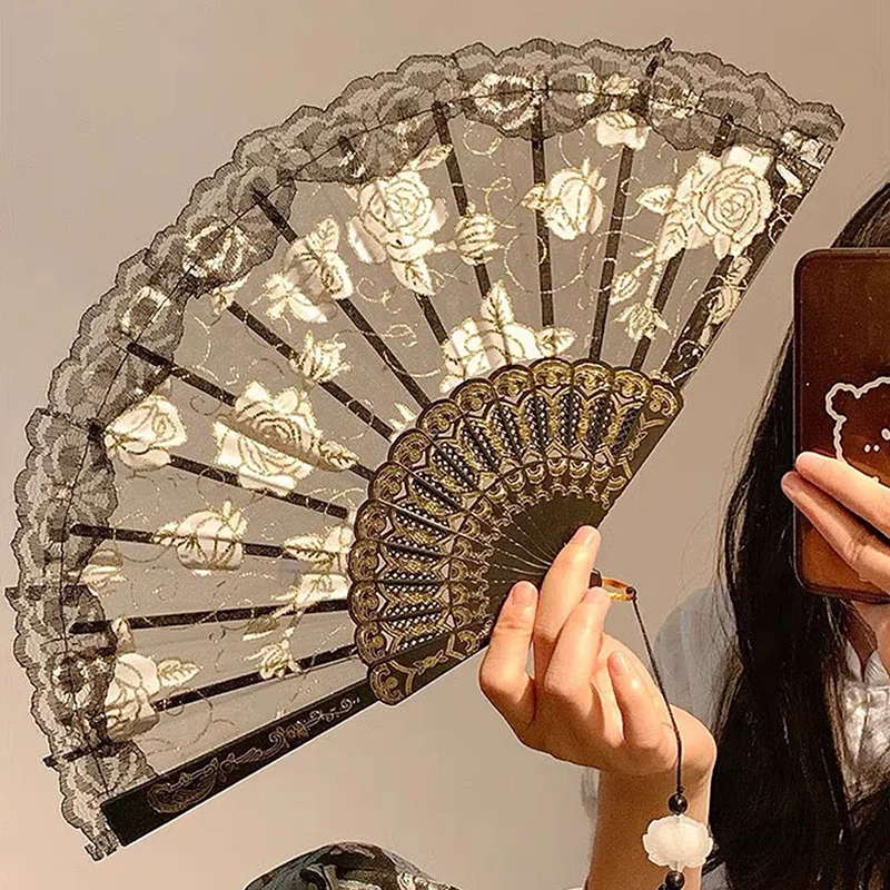 Éventail pliant en dentelle à motif de roses, style chinois, éventail à main, style rétro, artisanat artistique, été, danse féminine, décoration de fête à domicile