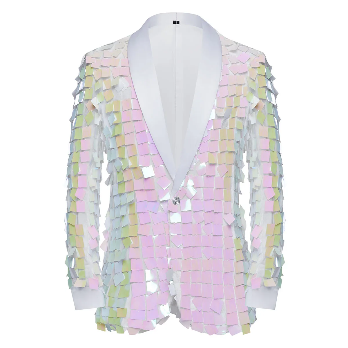 Men's Pink White Square Sequins Blazers Shiny Suit Coat Bar Nightclub Concert Singer Stage Performance Club Party Dance Costume