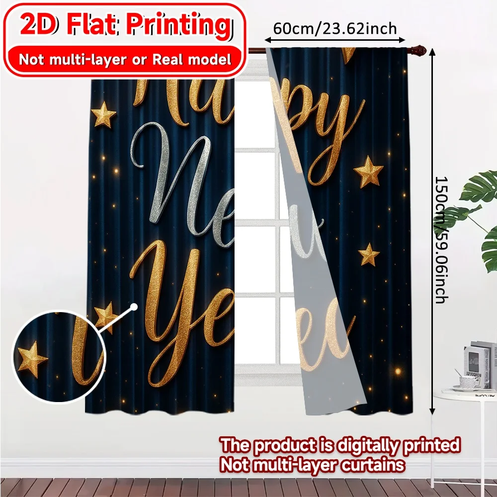 2D Flat Printing,2pcs New Year Stars Chic Curtain Cloth Machine Washable Fabric Curtains Festive for Grey, Semi-Transparent
