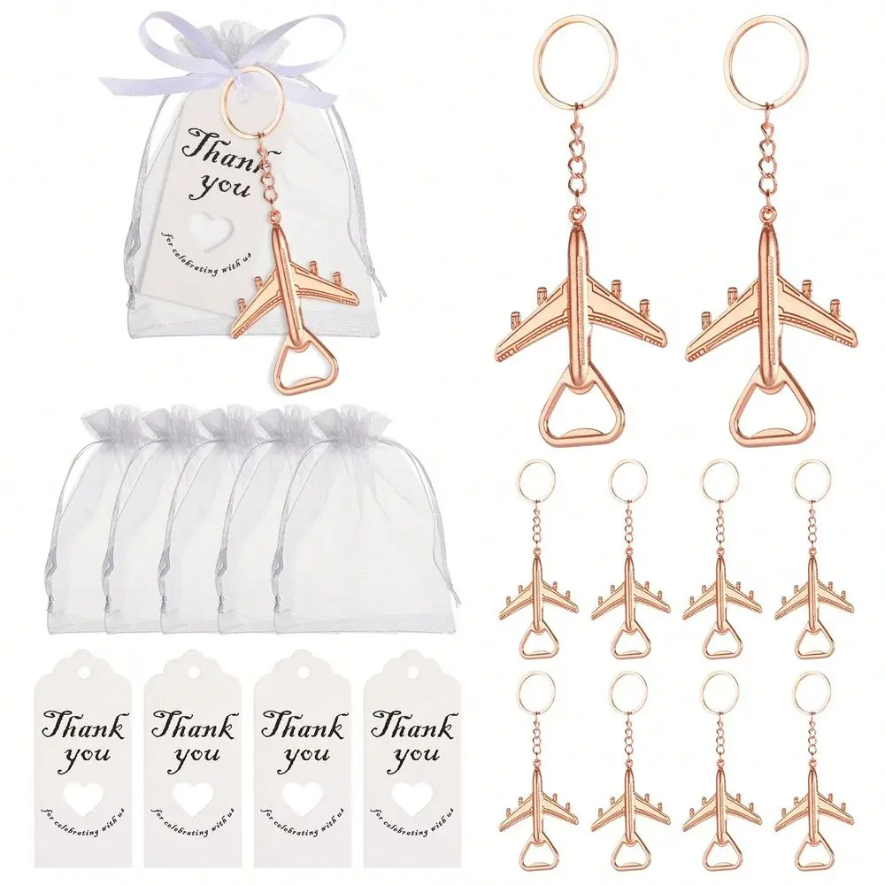 Creative Airplane Shaped Bottle Opener With Sand Bag, Rope And Thank You Card, Rose Gold Airplane Design Keychain Keyring, Suit