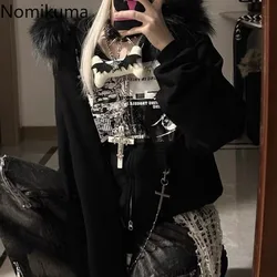 Harajuku Black Jackets Women's Clothing Furry Hooded Zip-up Outwear Streetwear Fashion Casual Print Y2k Coats 2024 Ropa Mujer