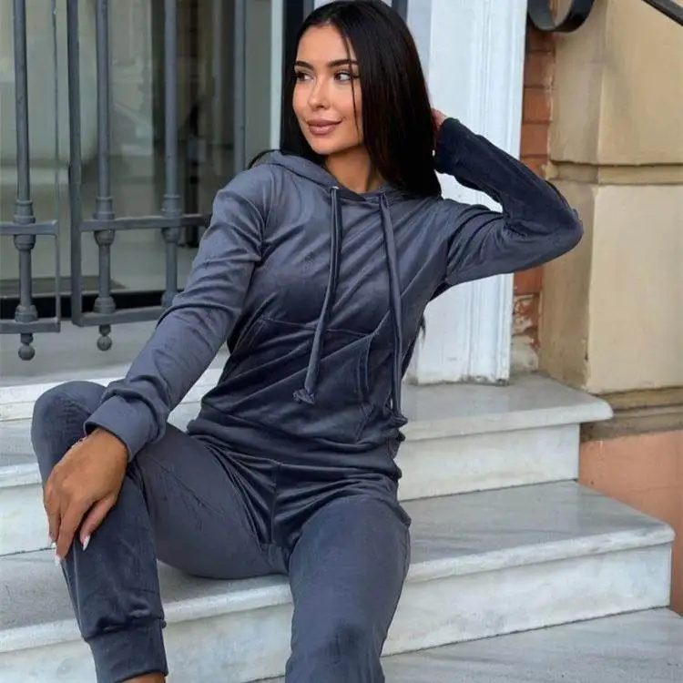

Casual Velvet Two-Piece Set for Women Hooded ket Elastic Waist Long Pants Pure Color Overhead Pullover Mid-Low Waist PVC F...