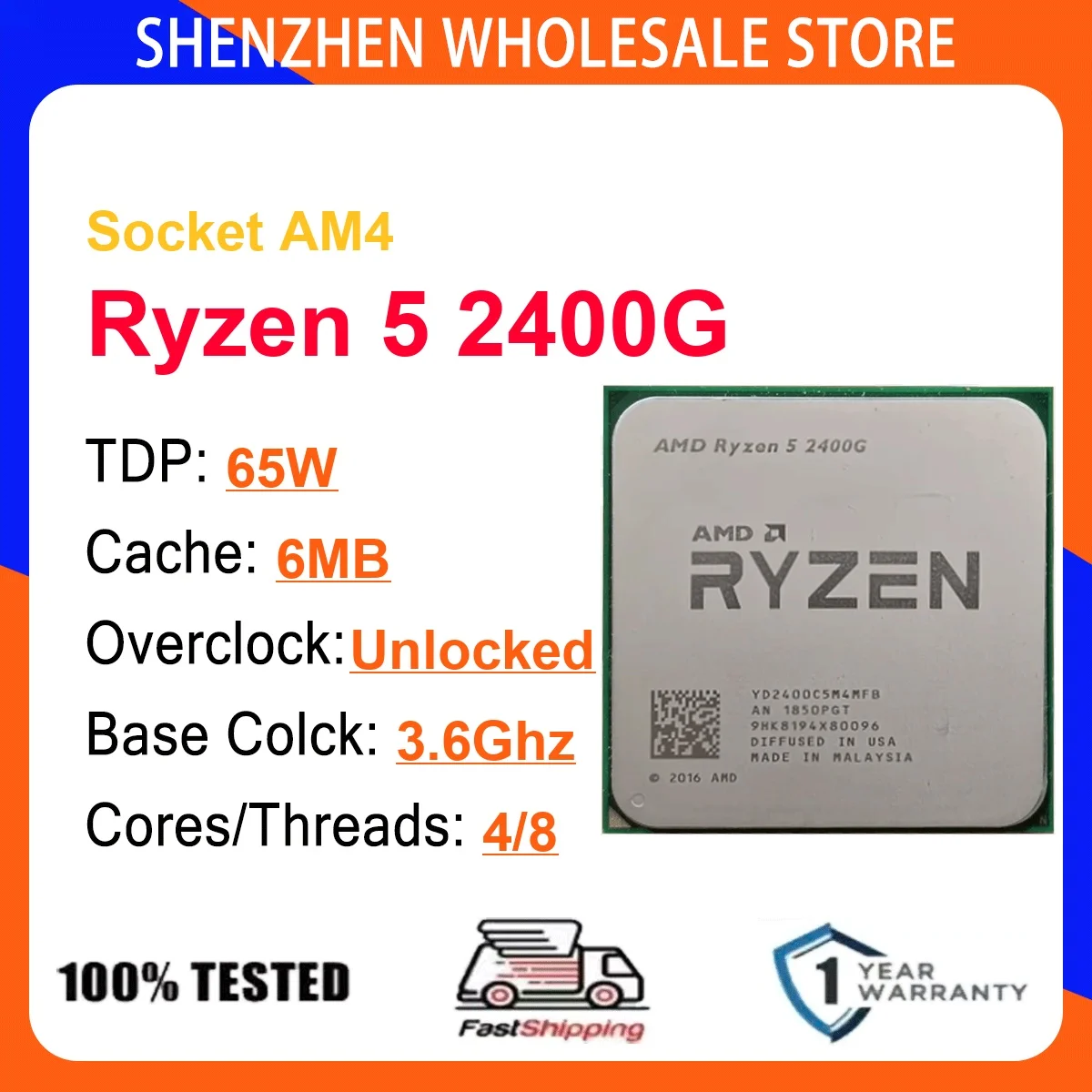 AMD Ryzen 5 2400G 4-Core 8-Thread 14NM 3.6Hz/3.9GHz L3=4MB 65W CPU Gaming Proce Socket AM4 DDR4 NEW No Cooler No Fan