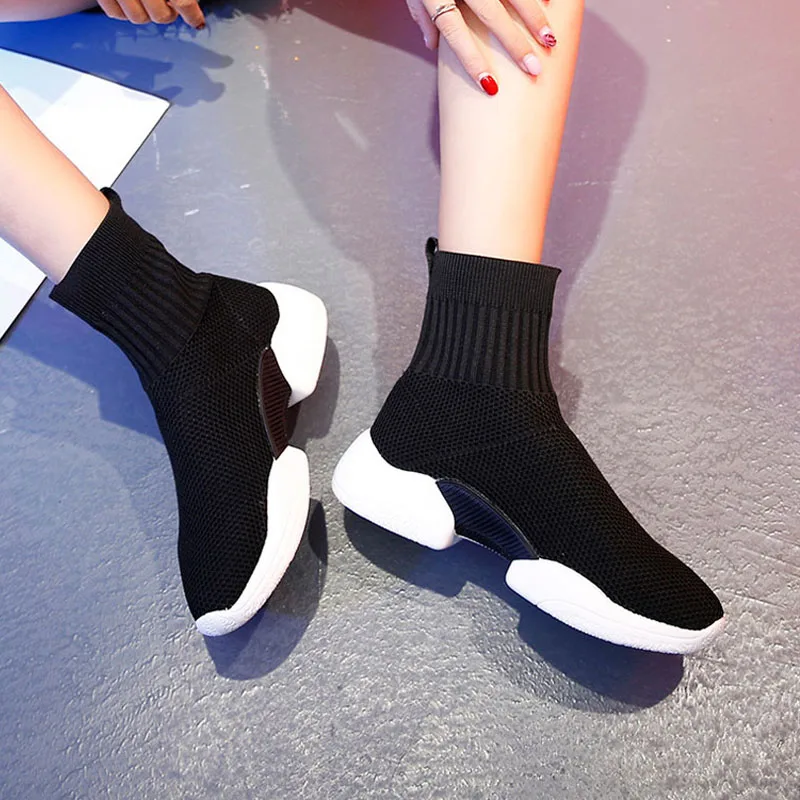 Women Sneakers Stretch Knitted Fabric Sock Boots High-top Breathable Mesh Cloth Platform Trainers Walking Jogging Fitness Shoes