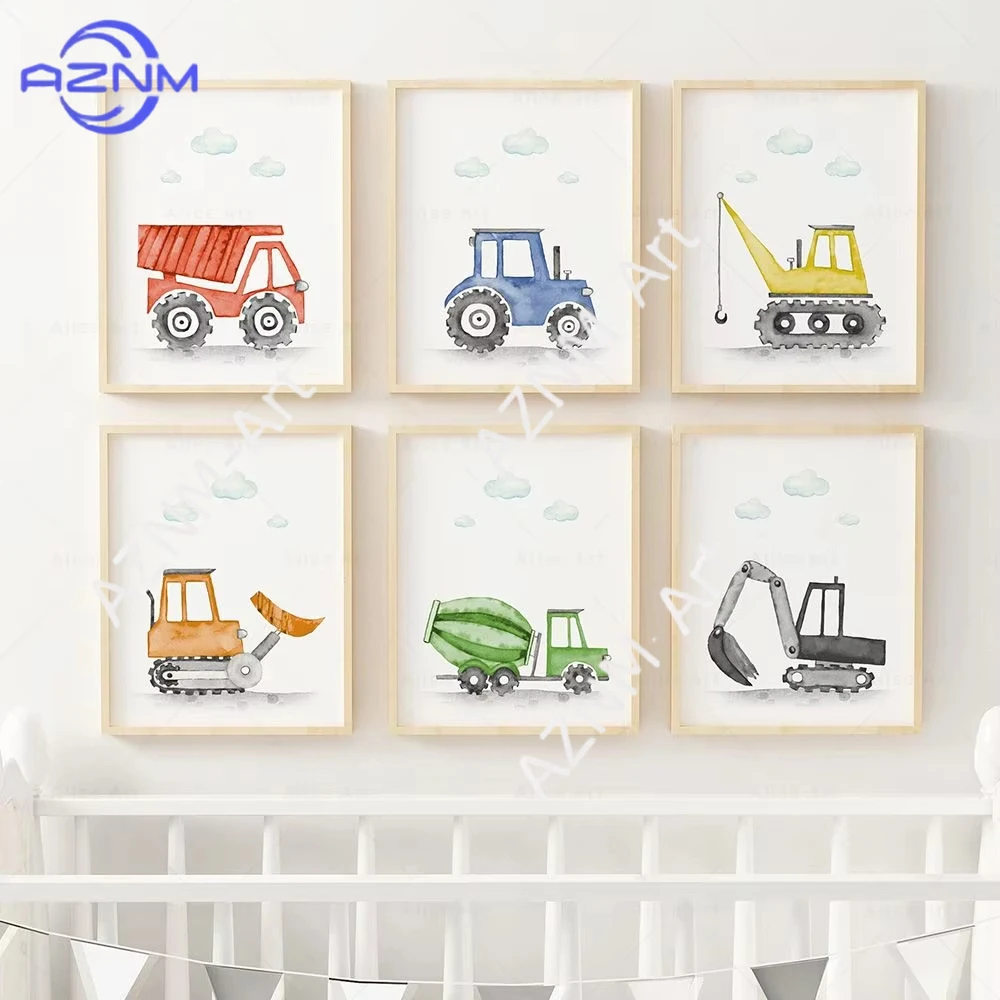 1Pc/6Pcs Cartoon Construction Fire Truck Nursery Poster Print Canvas Painting Color Excavator Wall Art Baby Bedroom Home Decor