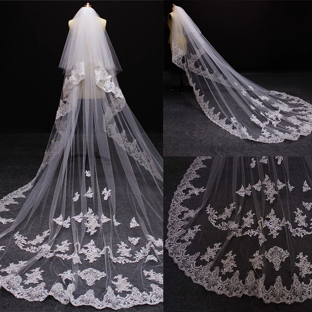 

Sequins Lace Bridal Veils Cathedral Elegant 2 Tier Lace Edge Wedding Veil Tulle With Comb White Ivory Custom Made 3M