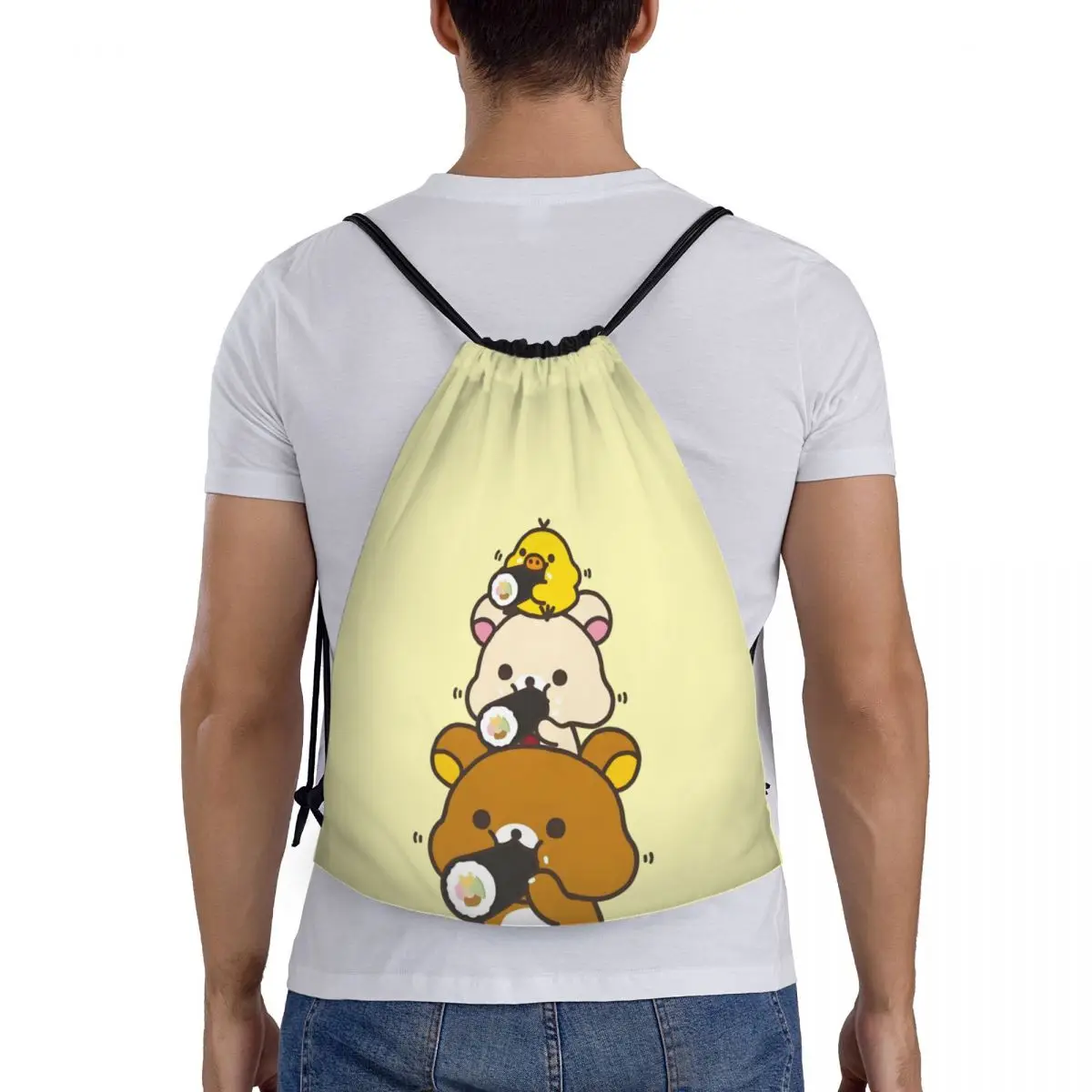 사용자 정의 Rilakkuma Drawstring 가방 남자 여자 휴대용 스포츠 체육관 Sackpack 귀여운 곰 훈련 배낭