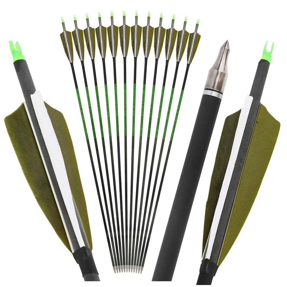 

30" Archery Pure Carbon Arrows 4" Feather SP400 Hunting Target Practice ID6.2mm Shooting Hunting Target Recurve Bow Compound