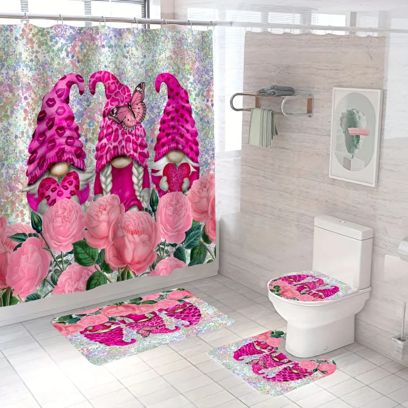 4pcs Pink Gnomes Shower Curtain Set, Pink Floral Waterproof Shower Curtain With 12 Hooks, Non-Slip Bathroom Rug, Toilet U-Shap